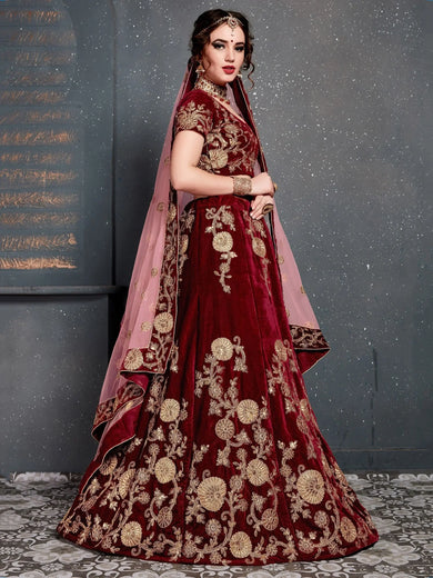 Maroon Embroidered Velvet Bridal Lehenga Choli With Dupatta